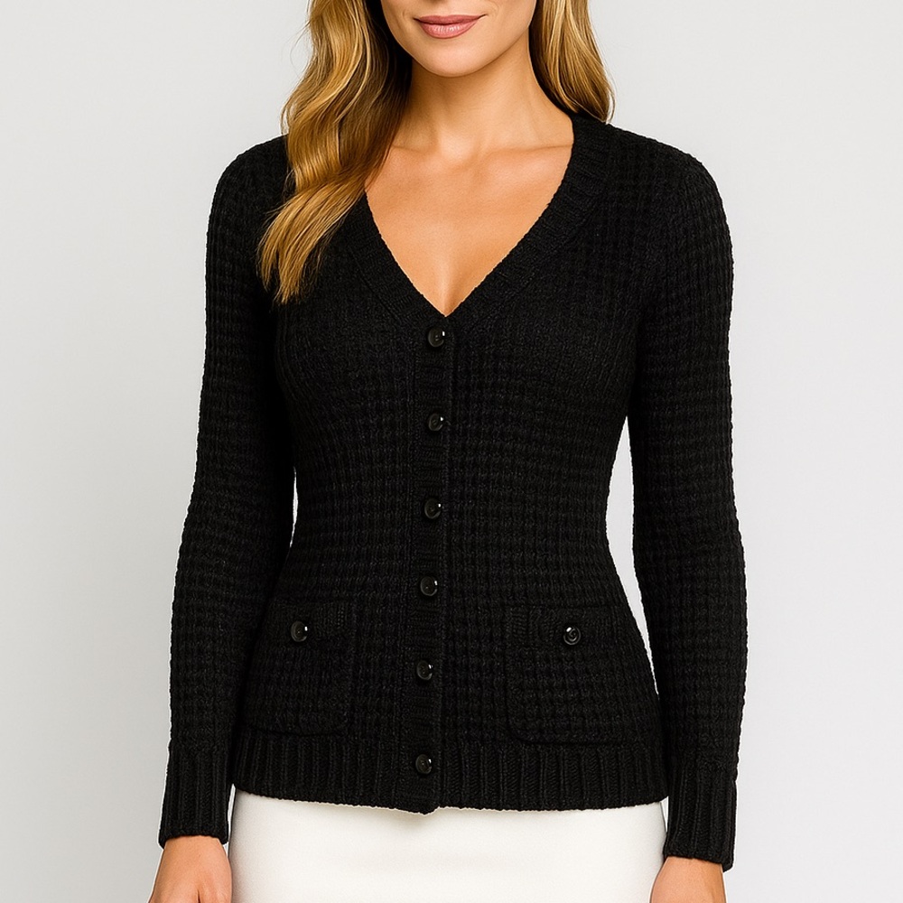 🆕✨PASSIONI Germany Black Lurex Long Cardigan Sweater Size Elegant Textured Knit